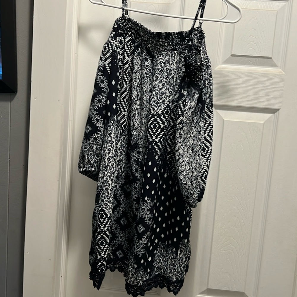 Off the shoulder, printed dress. Navy blue and white. Size medium.